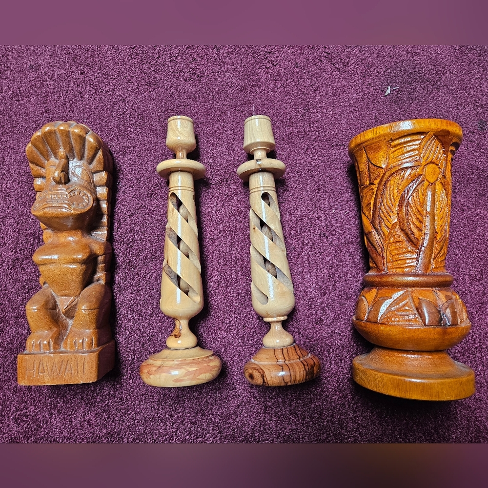 Vintage Carved Wooden Art Hawaiian Tiki Statue, Pr. Candle Sticks, Floral Vase